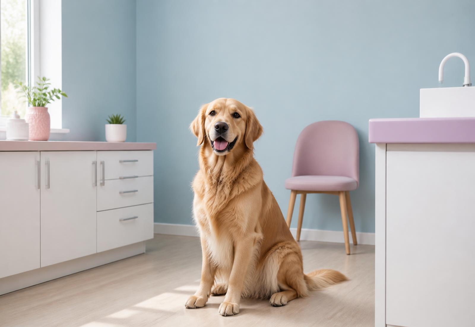 Cão golden retriever saudável sentado em consultório veterinário da Cuidare Espaço Pet